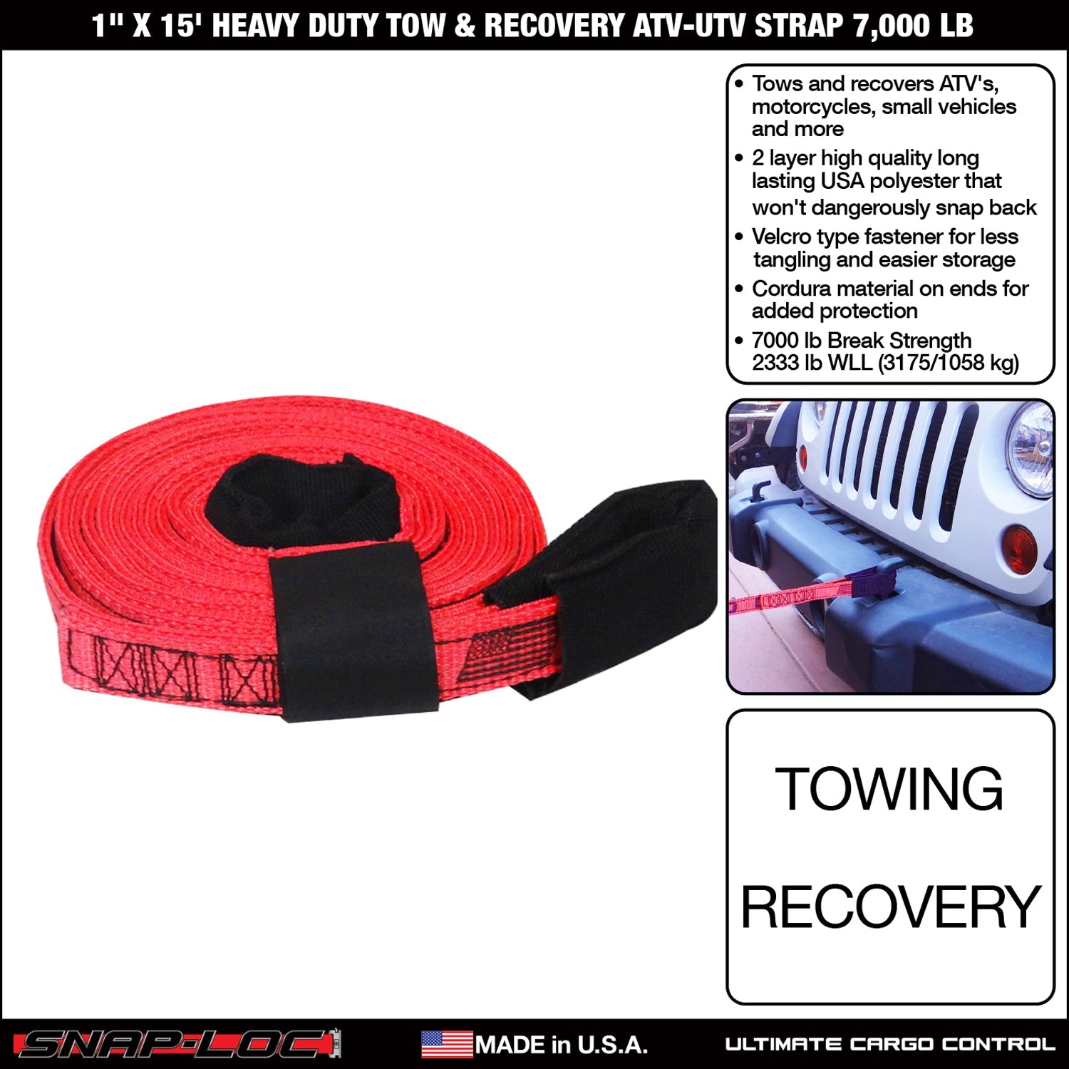 1 in x 15 ft Heavy Duty Tow Recovery Strap 7,000 lb